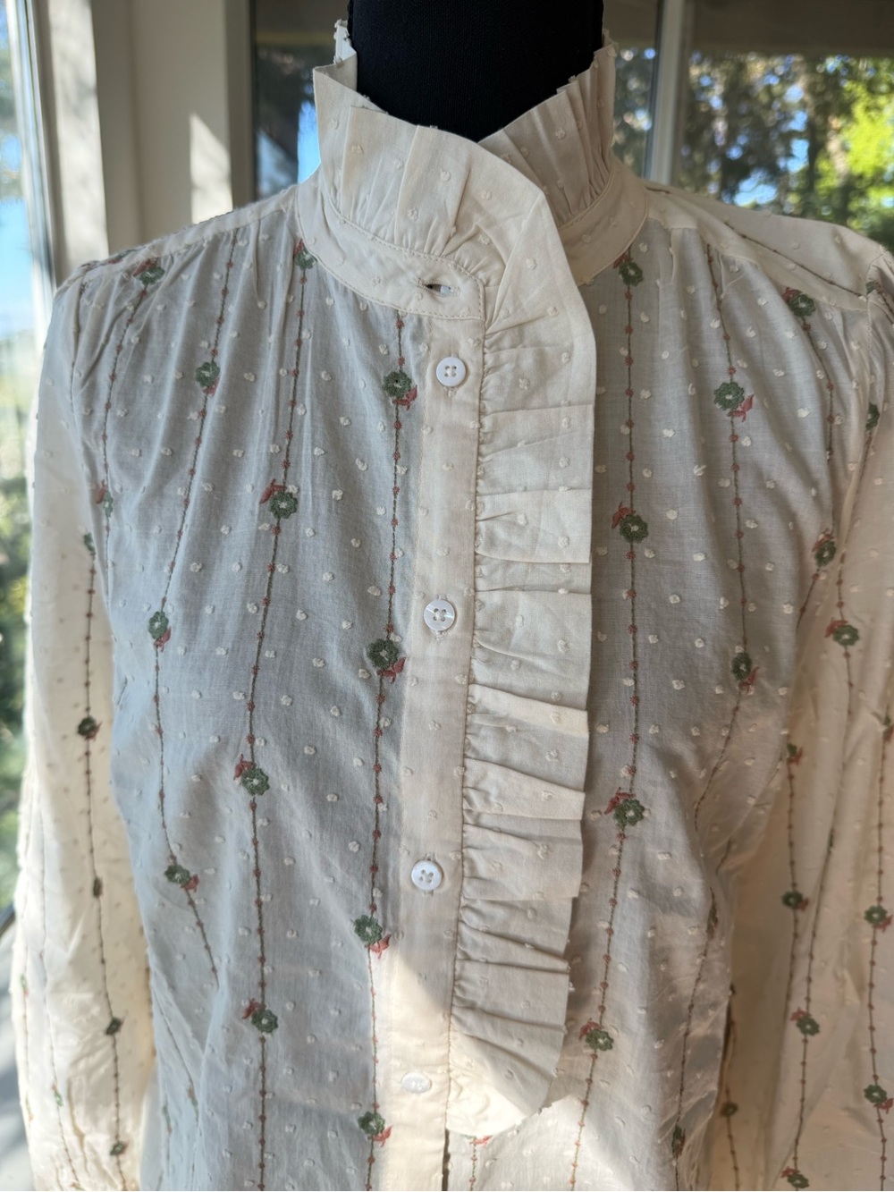 NWT Sézane Chlo Shirt Sage Camel Embroidered Ecru Cotton US 6 / FR 38 - Picture 5 of 10